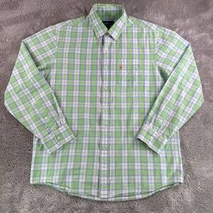 Johnnie O Shirt Men's Large Green Blue Plaid Button Down Cotton Preppy Casual